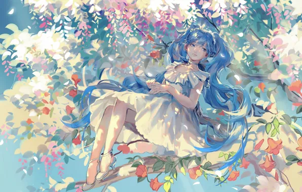 Picture girl, flowers, smile, tree, branch, anime, art, vocaloid