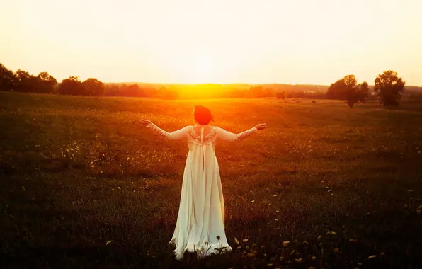 Field, girl, light, sunset