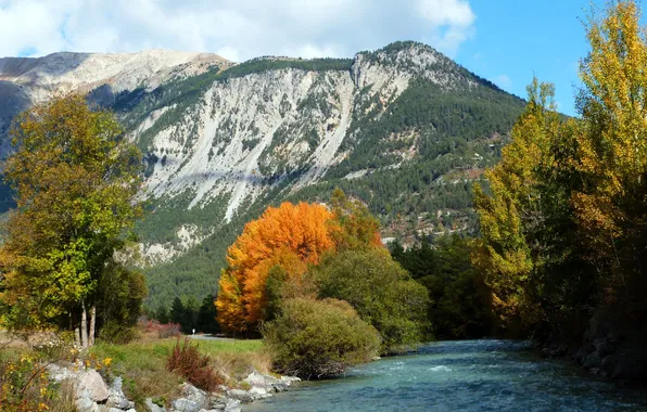 Autumn, trees, mountains, river, stones, France, Sunny, Val-des-Pres