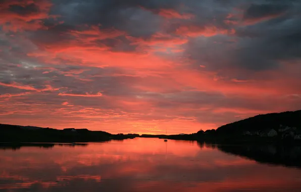 Forest, sunset, lake, home