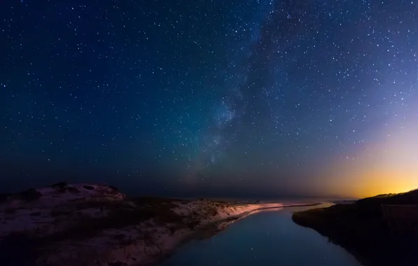 The sky, water, stars, landscape, night, reflection, river
