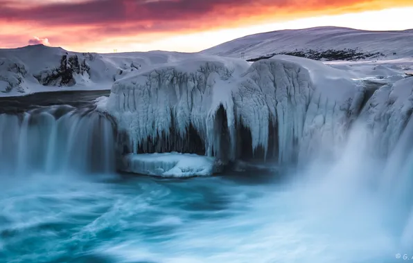 Ice, winter, snow, nature, river, dawn, waterfall