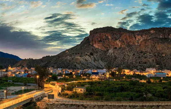 Picture road, sunset, mountains, bridge, rocks, home, the evening, town