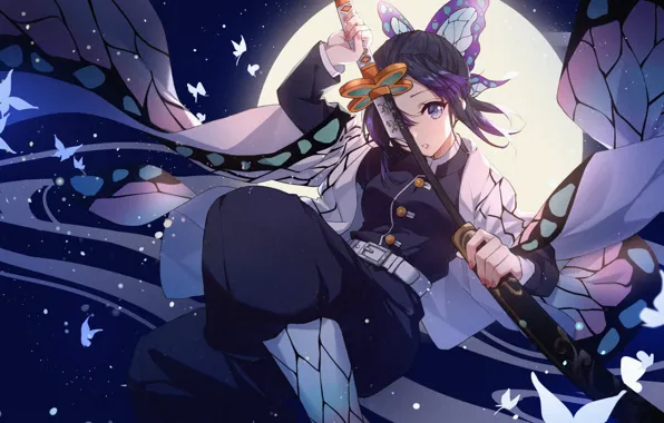 Wallpaper girl, butterfly, weapons, the moon, katana, anime, Kimetsu no  Yaiba, demon slayer for mobile and desktop, section сёнэн, resolution  1920x1200 - download