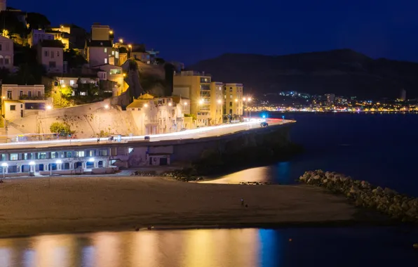 Picture sea, night, lights, France, home, Marseille