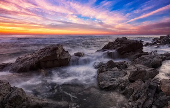 Sunset, Water, Sea, Wave, Surf, Shore, Stones, Dal