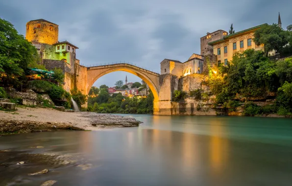 Picture the sky, trees, landscape, mountains, bridge, lights, river, home