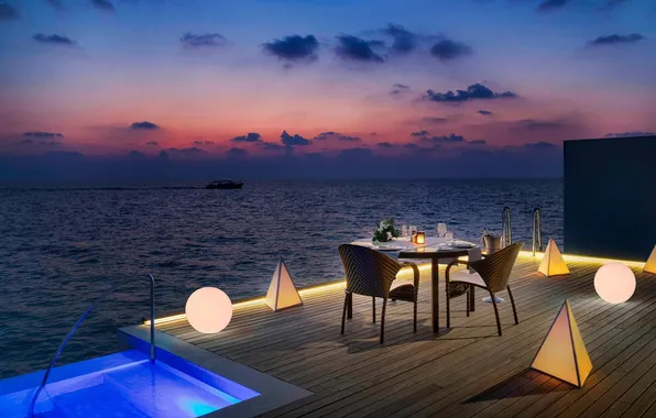 Lamp, mood, the ocean, romance, ship, the evening, The Maldives, champagne