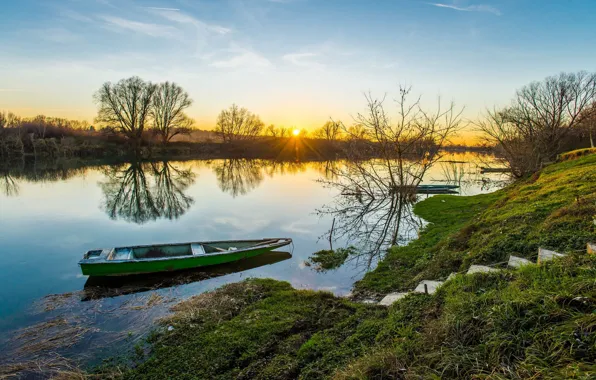 Sunset, river, boats, Croatia, Kupa