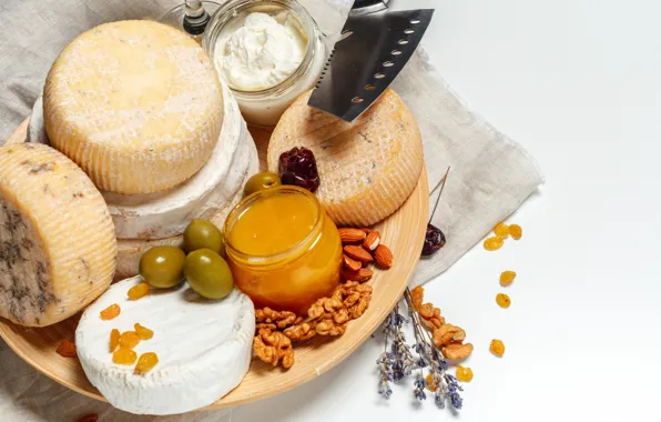 Table, cheese, cream, plate, knife, banks, nuts, honey