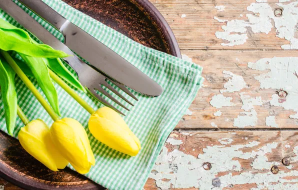Flowers, yellow, background, plate, tulips, Cutlery