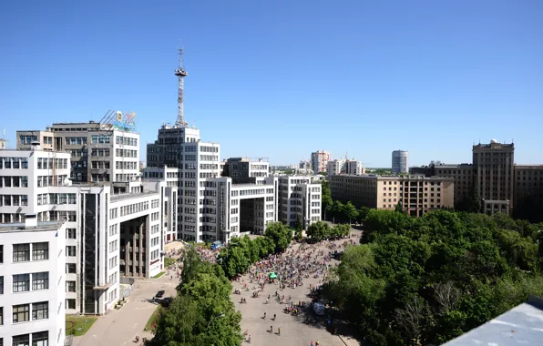 Trees, home, Ukraine, Kharkov, reinforced concrete skyscraper, The house of State industry, Gosprom, constructivism