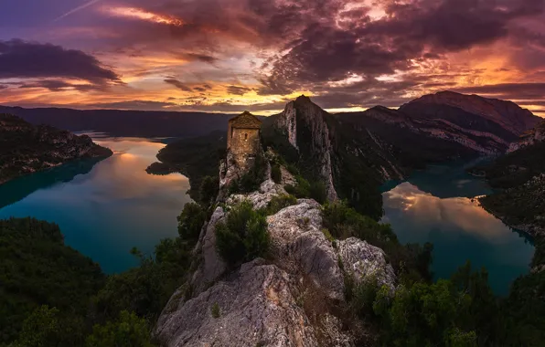 The sky, clouds, sunset, mountains, rocks, tower, the evening, lake