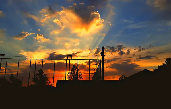 Picture Sunset, The sun, The sky, Clouds, Home, View, Mesh, Roof