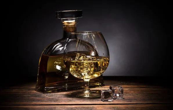 Glass, the dark background, Board, glass, bottle, ice, alcohol, whiskey