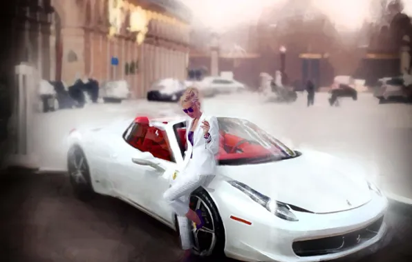 Picture machine, girl, the city, art, ferrari, in white