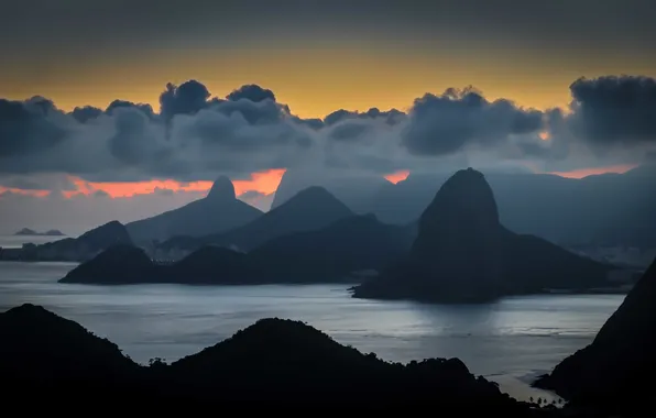 Clouds, mountains, Bay, twilight, Brazil, Rio de Janeiro, Niteroi