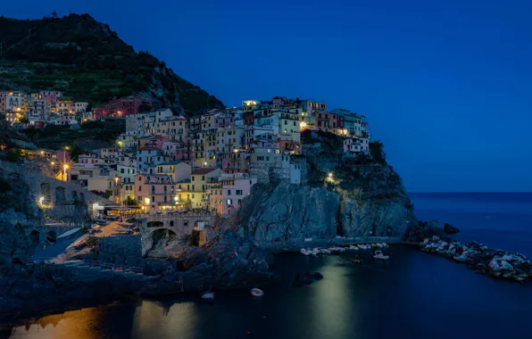 Sea, night, lights, rocks, home, Italy, Manarola, Cinque Terre