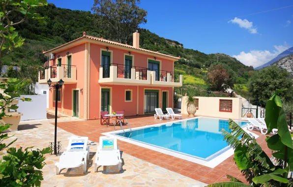 The sun, mountains, nature, pool, Greece, mansion, sun loungers, Cephalonia