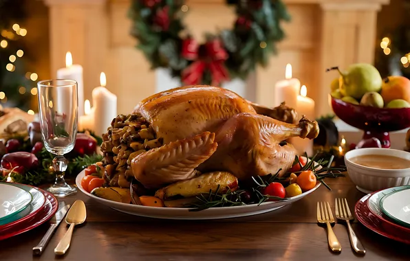 Table, glass, chicken, candles, plate, Christmas, meat, dishes