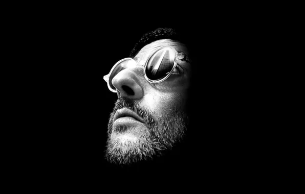 Monochrome, men, face, Leon, black background, Jean Reno, sunglasses, movies