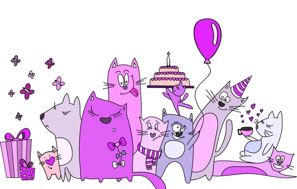 Butterfly, balloon, cats, coffee, scarf, gifts, hearts, cake
