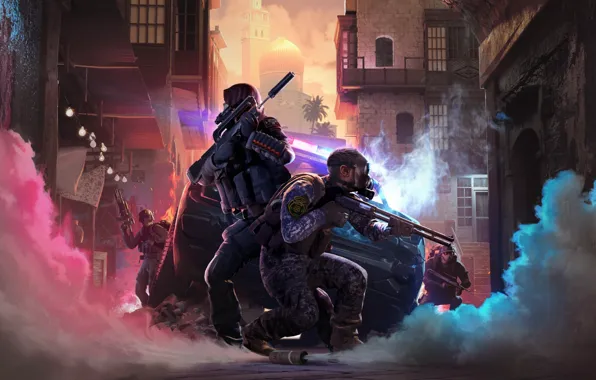 Machine, weapons, street, smoke, machine, soldiers, gas mask, the gun