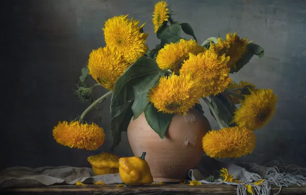 Leaves, sunflowers, flowers, table, wall, towel, yellow, pot
