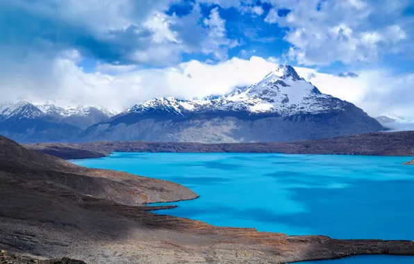 The sky, clouds, snow, mountains, lake