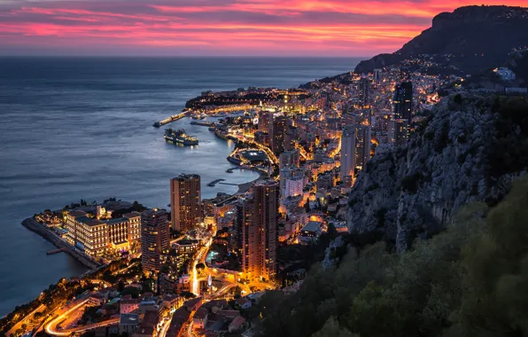 Sea, night, lights, coast, building