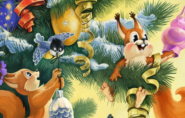 Picture the rain, toys, tree, spruce, New year, USSR, bump, titmouse