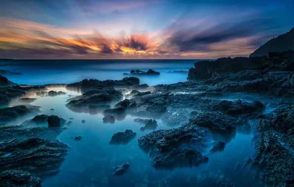 The sky, sunset, tropics, stones, the ocean, coast, horizon, Hawaii