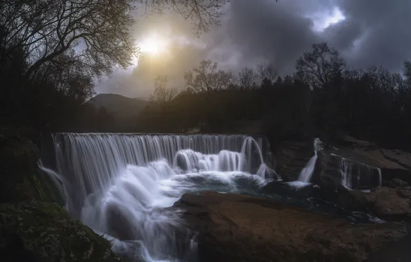 Picture the sky, trees, landscape, nature, stones, waterfall, Wallpaper from lolita777