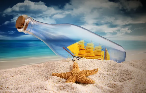Picture sand, sea, the sky, ship, bottle, sails, starfish