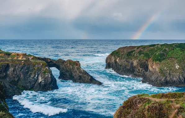 Sea, wave, the sky, clouds, rocks, shore, rainbow, surf