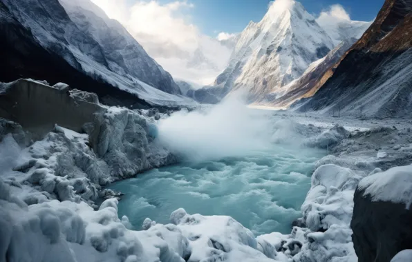 Winter, the sky, snow, landscape, mountains, nature, fog, river
