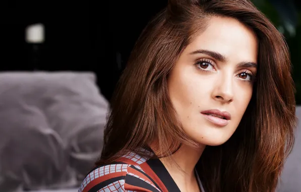 Look, face, portrait, makeup, actress, hairstyle, brown hair, Salma Hayek