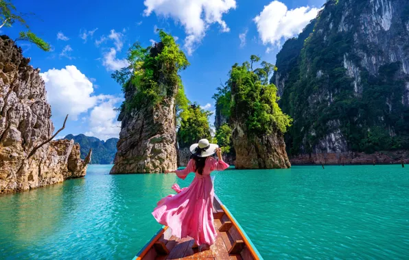 Picture sea, girl, landscape, nature, rocks, boat, Thailand, Bay