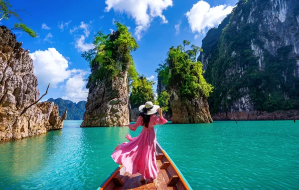 Sea, girl, landscape, nature, rocks, boat, Thailand, Bay