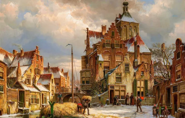 Picture Home, Street, People, Picture, Willem Koekkoek, Willem Koekkoek, Dutch painter, Winter street scene in Kulemborg