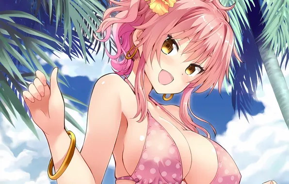 Girl, sexy, cleavage, pink hair, sky, boobs, anime, beautiful