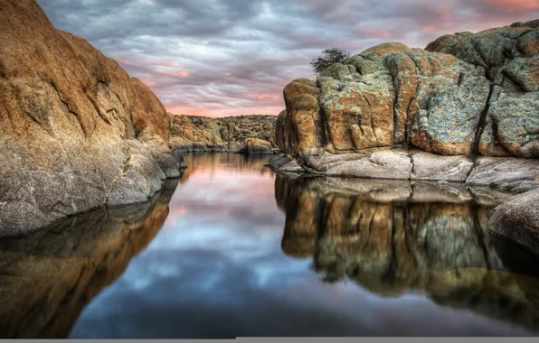 Water, clouds, nature, lake, reflection, rocks, AZ, USA