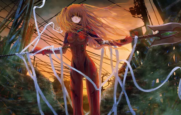 Girl, tape, art, spear, neon genesis evangelion, soryu asuka langley, bandages, heiyuen