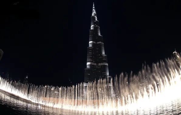 Night, skyscraper, fountain, Dubai, Dubai, night, Burj Khalifa, fountain