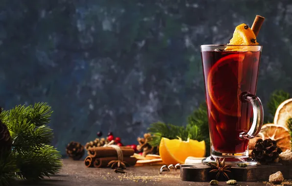 Branches, glass, table, background, tea, glass, oranges, Christmas