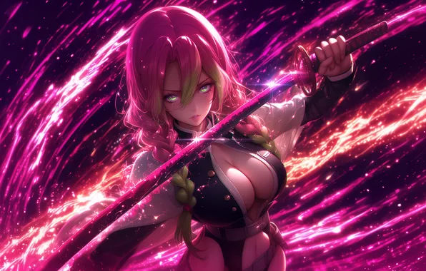 Katana, pink, art, blade, epic, demon slayer, the blade cleaves demons, Mitsuri Kanroji