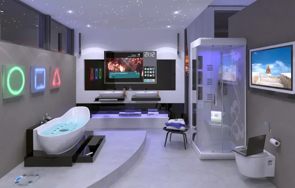 Picture interior, TV, future, speakers, bath, laptop, bathroom, design