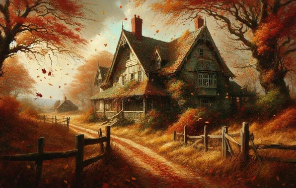 Autumn, trees, house, home, village, houses, house, hut