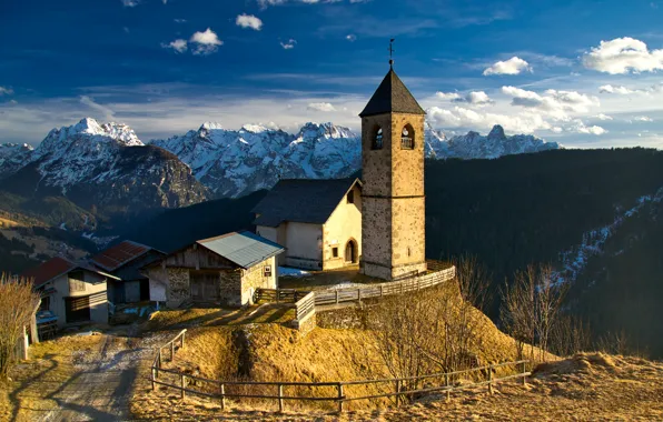 Winter, landscape, mountains, nature, Italy, Church, The Dolomites