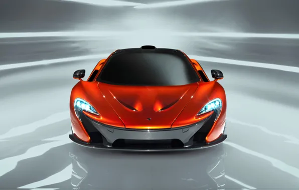 McLaren, Auto, Machine, Orange, The hood, Lights, The front, Sports car